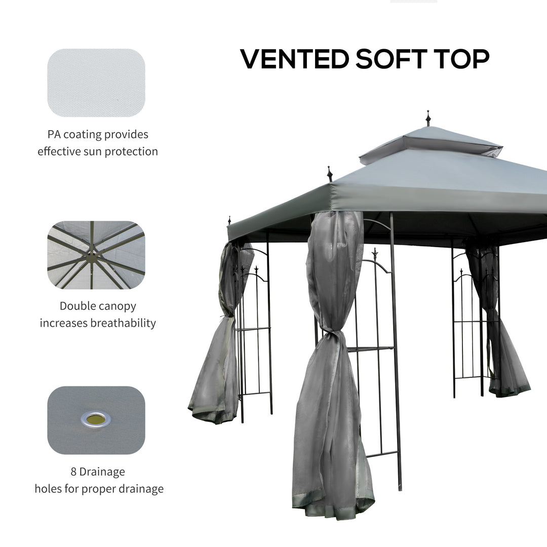 Outsunny 3(M)x3(M) Garden Gazebo Double Top Outdoor Canopy Patio Event Party Wedding Tent Backyard Sun Shade with Mesh Curtain - Grey