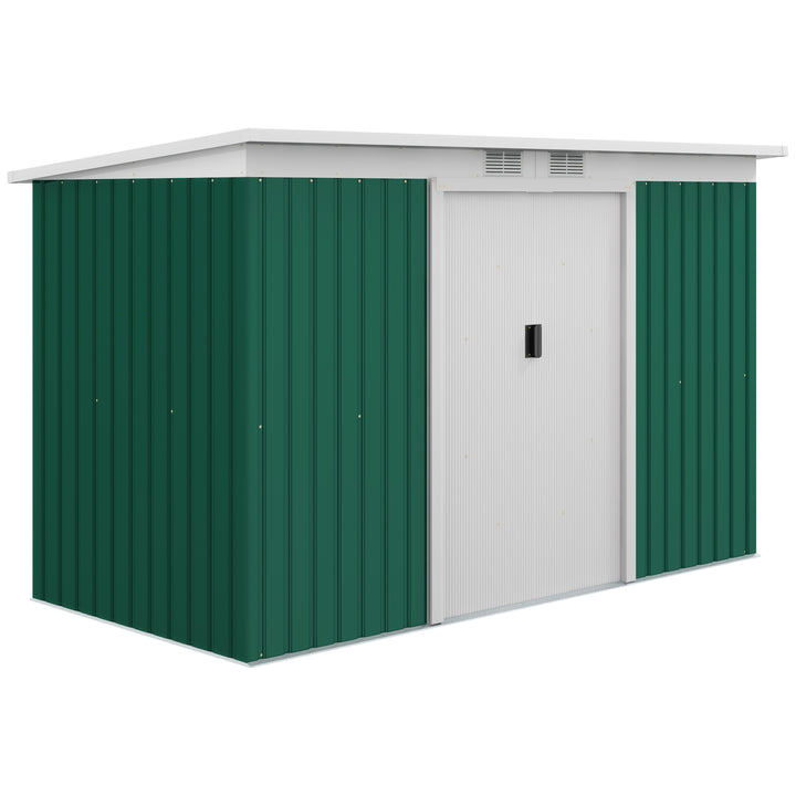 Outsunny 9ft x 4.25ft Corrugated Garden Metal Storage Shed Outdoor Equipment Tool Box with Foundation Ventilation & Doors Deep Green
