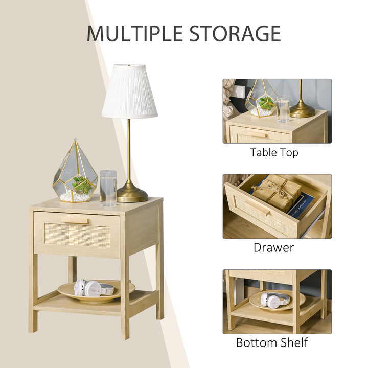 Nightstand with Rattan Drawer and Storage Shelf, Bedside End Table for Bedroom, Living Room Organizer