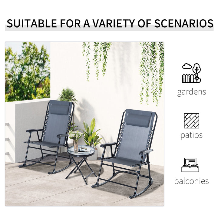 Outsunny 3 Piece Outdoor Rocking Set with 2 Folding Chairs and 1 Tempered Glass Table, Patio Bistro Set for Garden, Deck, Grey