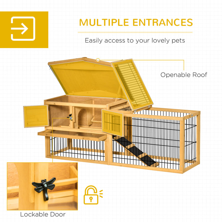 PawHut 2 Level Wooden Rabbit Bunny Guinea Pig Hutch w/ Outdoor Run Water Resistant Roof Pull out Tray Ramp 150 x 52.5 x 68 cm, Yellow