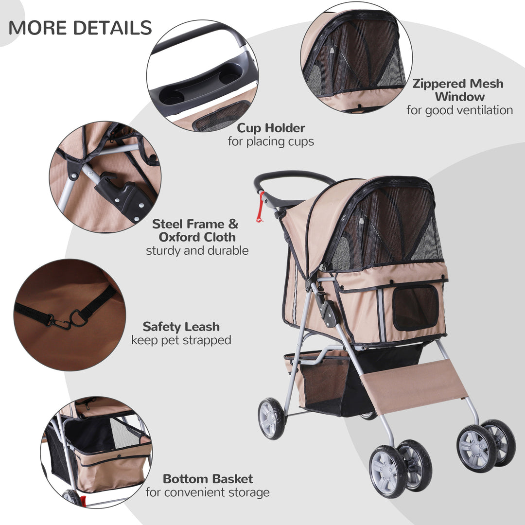 PawHut Dog Pram Pet Stroller Foldable Dog Pushchair with Wheels Zipper Entry Cup Holder Storage Basket Brown