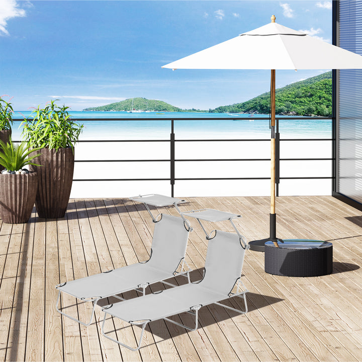2 Pieces Outdoor Foldable Sun Lounger Set with Removeable Shade Canopy, Patio Recliner Sun Lounger with Adjustable Backrest with Mesh Fabric, Light Grey