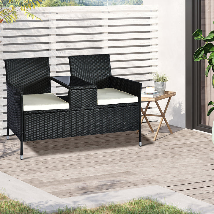 2 Seater Rattan Campanion Chair Wicker Loveseat Outdoor Patio Armchair with Drink Table Garden Furniture - Black