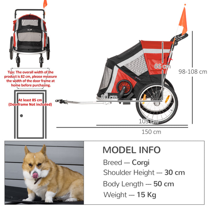 Dog Bike Trailer, Two-In-One Foldable Pet Bike Trailer w/ Safety Leash, Flag, for Small Cats, Puppies, Camping, Hiking - Red