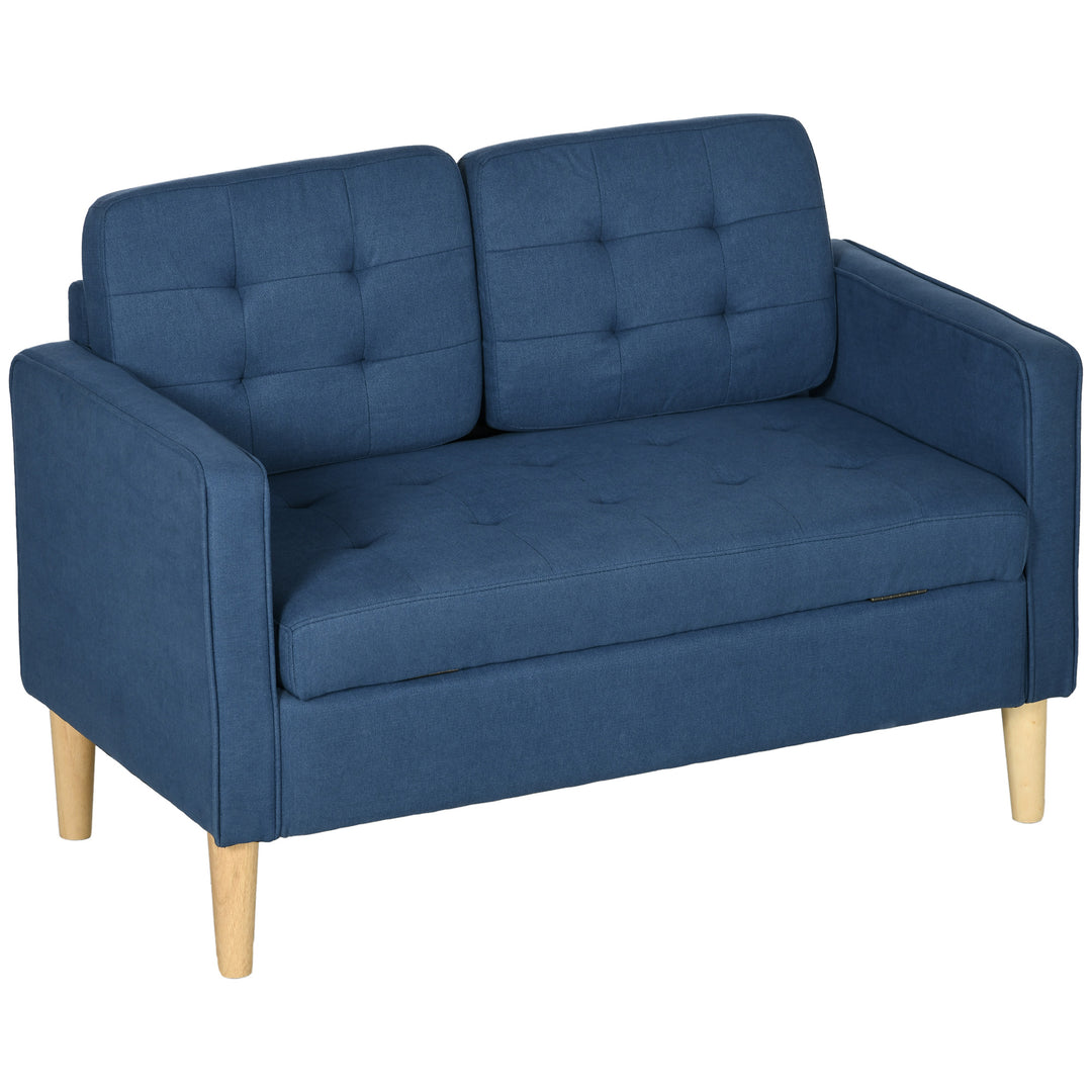 Modern Loveseat Sofa, Compact 2 Seater Sofa with Hidden Storage, 117cm Tufted Cotton Couch with Wood Legs, Blue