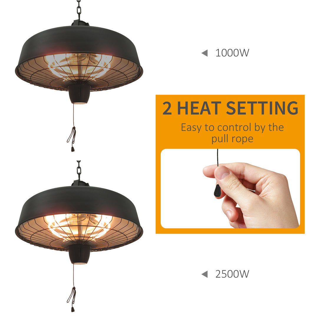 Adjustable Power 1000/2500W Infrared Halogen Electric Light Heater, Ceiling Hanging Mount -Black