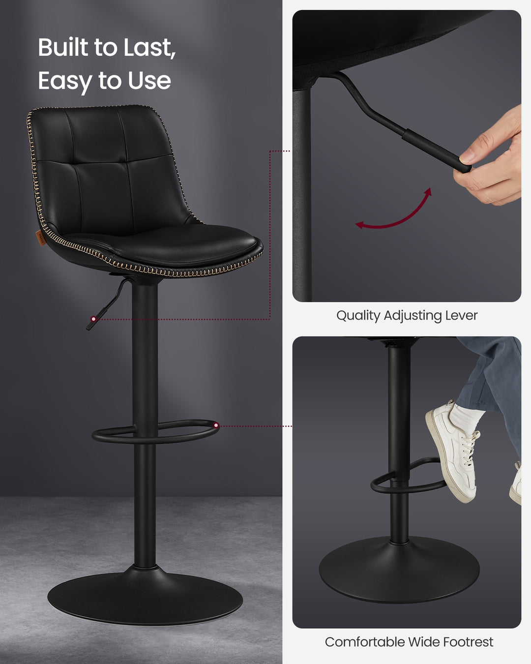Set of 2 Bar Stools with Backrests and Footrests Ink Black