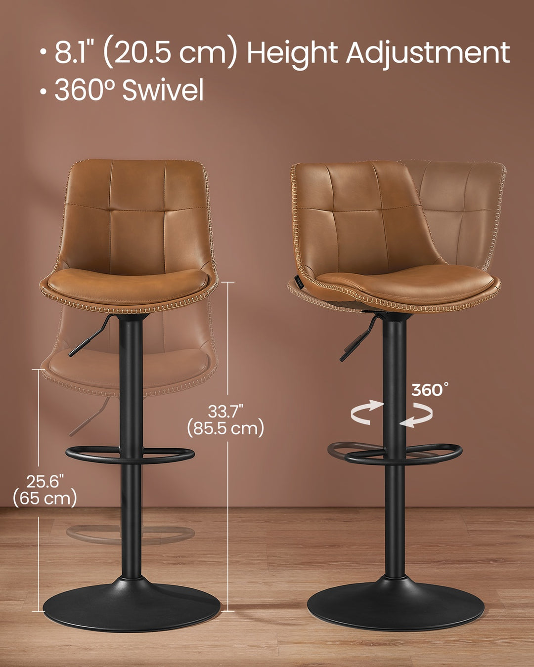 Set of 2 Bar Stools with Backrests and Footrests Caramel Brown