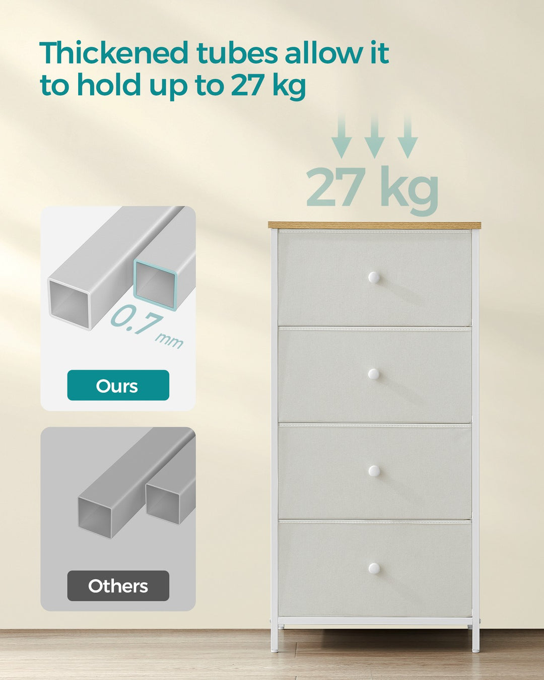 4 Fabric Drawers with Metal Frame White and Oak