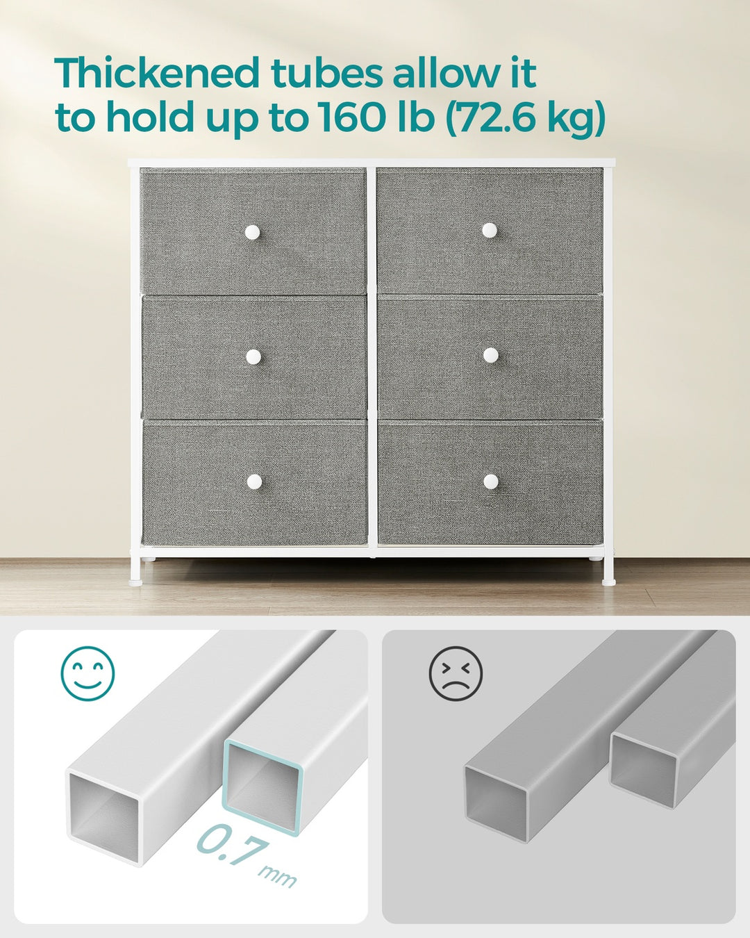 6 Fabric Drawers with Metal Frame Light Grey and White