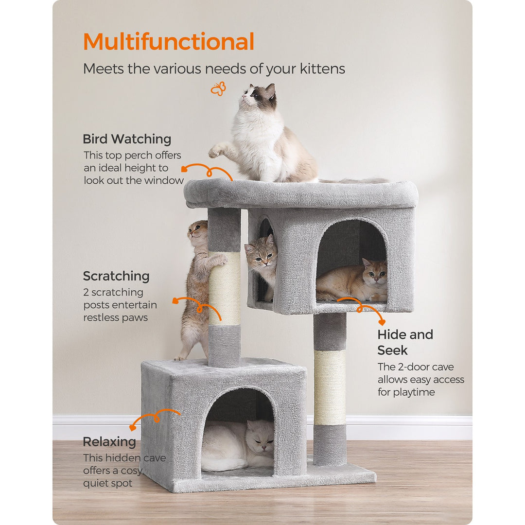Cat Tower with 2 Cat Caves-Light Grey