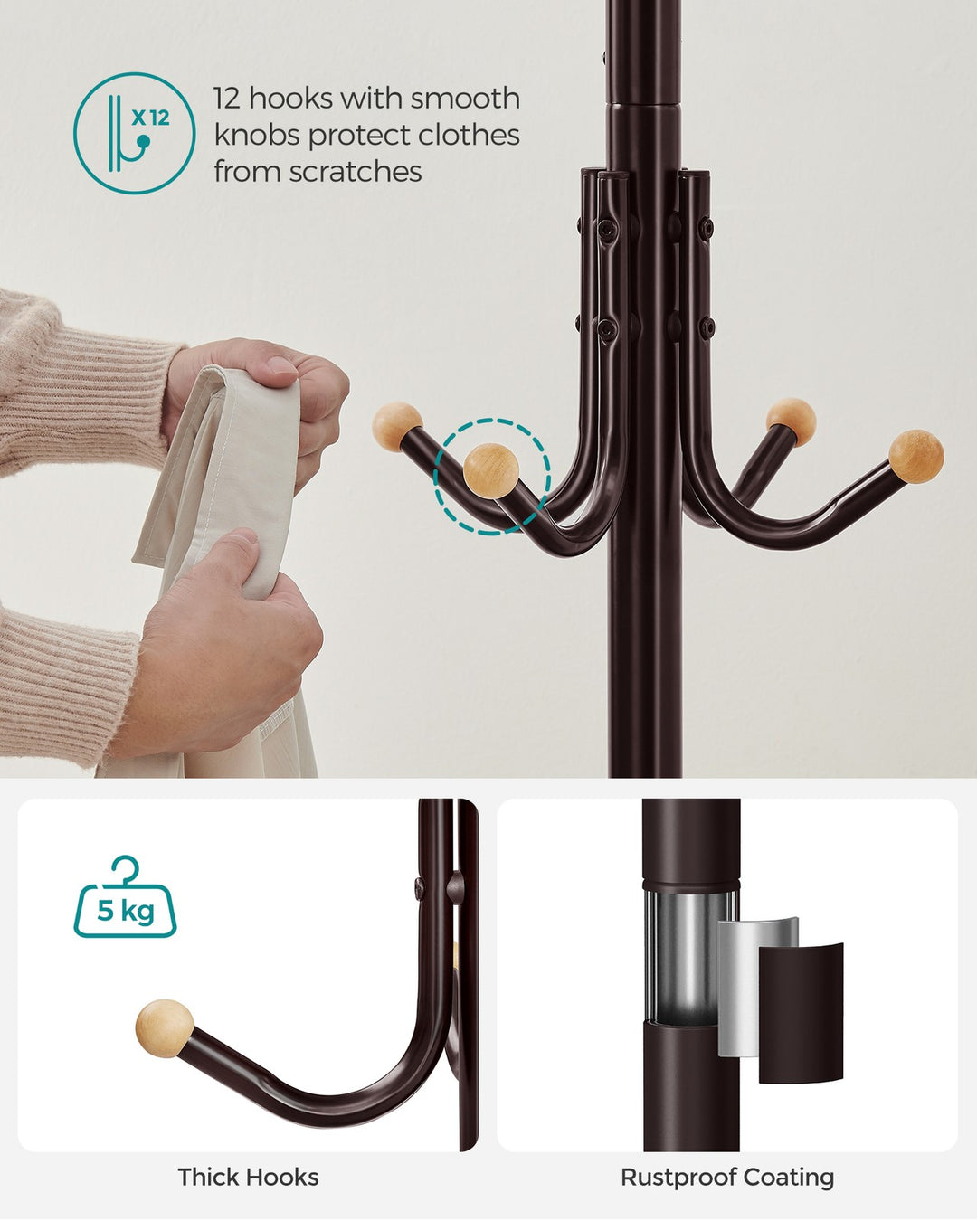 Coat Stand with 12 Hooks and 4 Legs