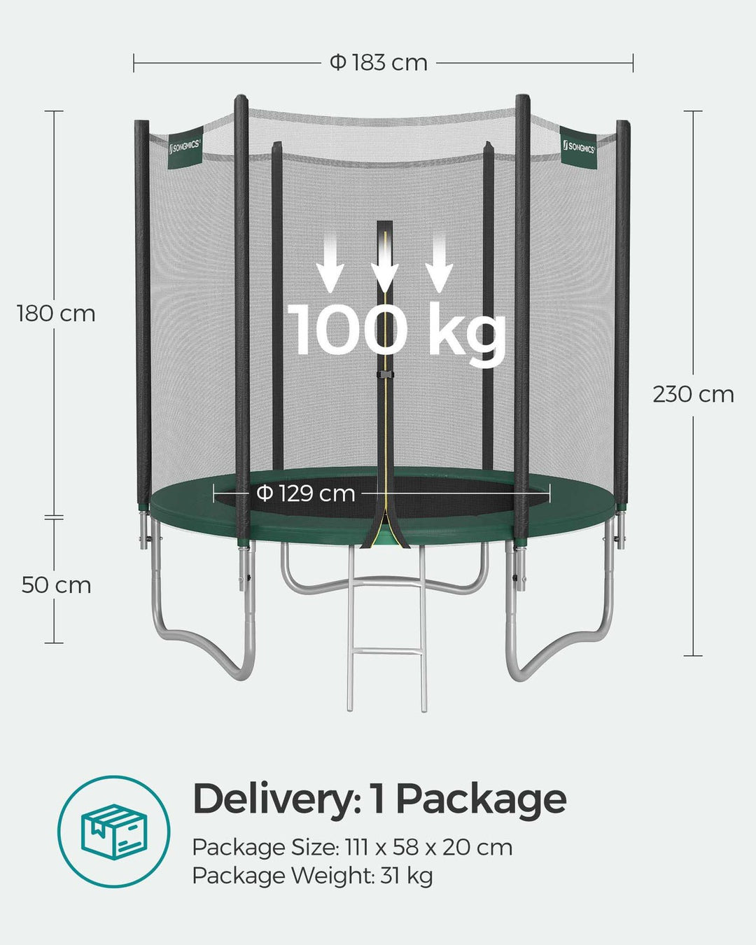 SONGMICS Trampoline with Enclosure Net Dark Green