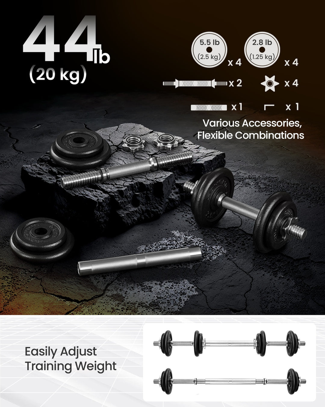 Adjustable Dumbbells Set with Extra Barbell Bar
