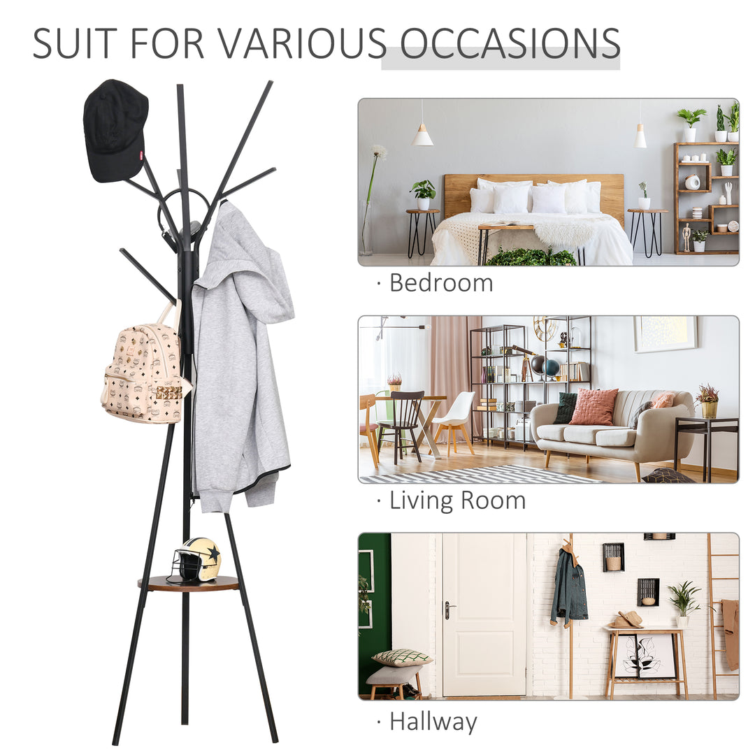 HOMCOM 180cm Free Standing Metal Coat Rack Stand 9 Hooks Clothes Tree with 1 Shelf Hat Display Hall Tree Hanger Bag Umbrella Hanging Organiser, Brown