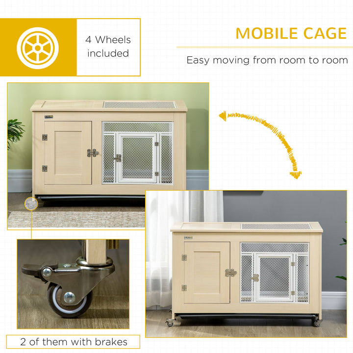 PawHut Rabbit Hutch with Wheels, Guinea Pig Cage with Openable Roof, Bunny Run with Slide-out Tray, Small Animal House for Indoor, 94 x 53 x 56cm, Oak