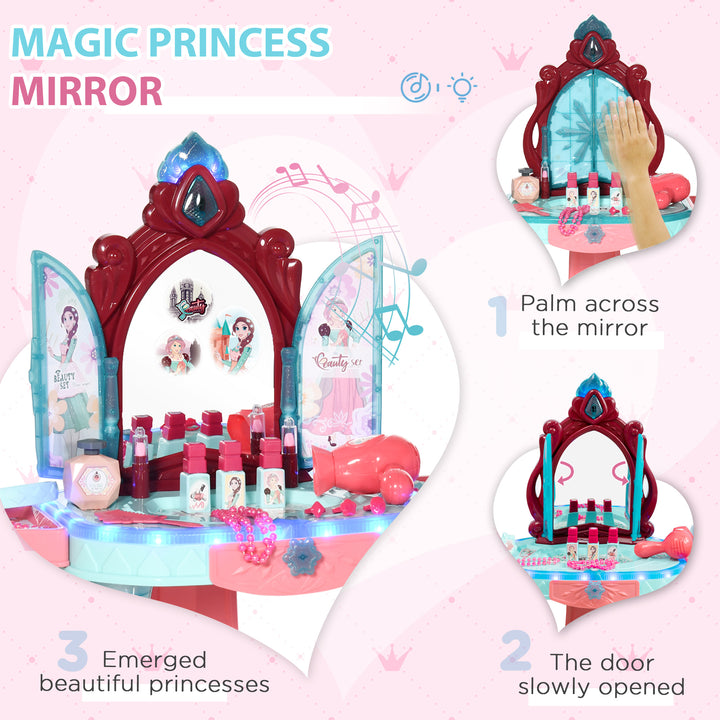 31 PCS Kids Dressing Table Set with Magic Princess Mirror, Musical Pretend Toy W/ Beauty Kit Mirror Light & Music, for 3-6 Years Old Blue+Pink