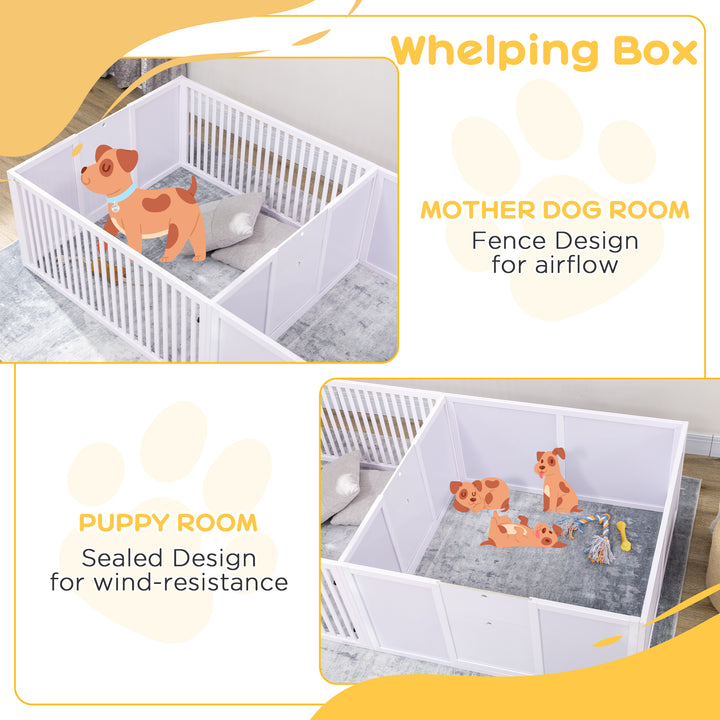 PawHut 7 Panels Playpen with 3 Doors for Baby Dogs, Two-Room Design Puppy Whelping Box - White