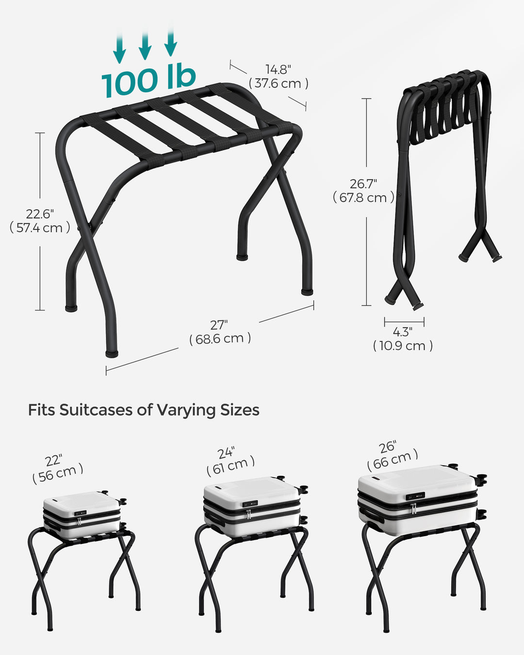 Pack of 2 Black Metal Folding Luggage Rack - Black