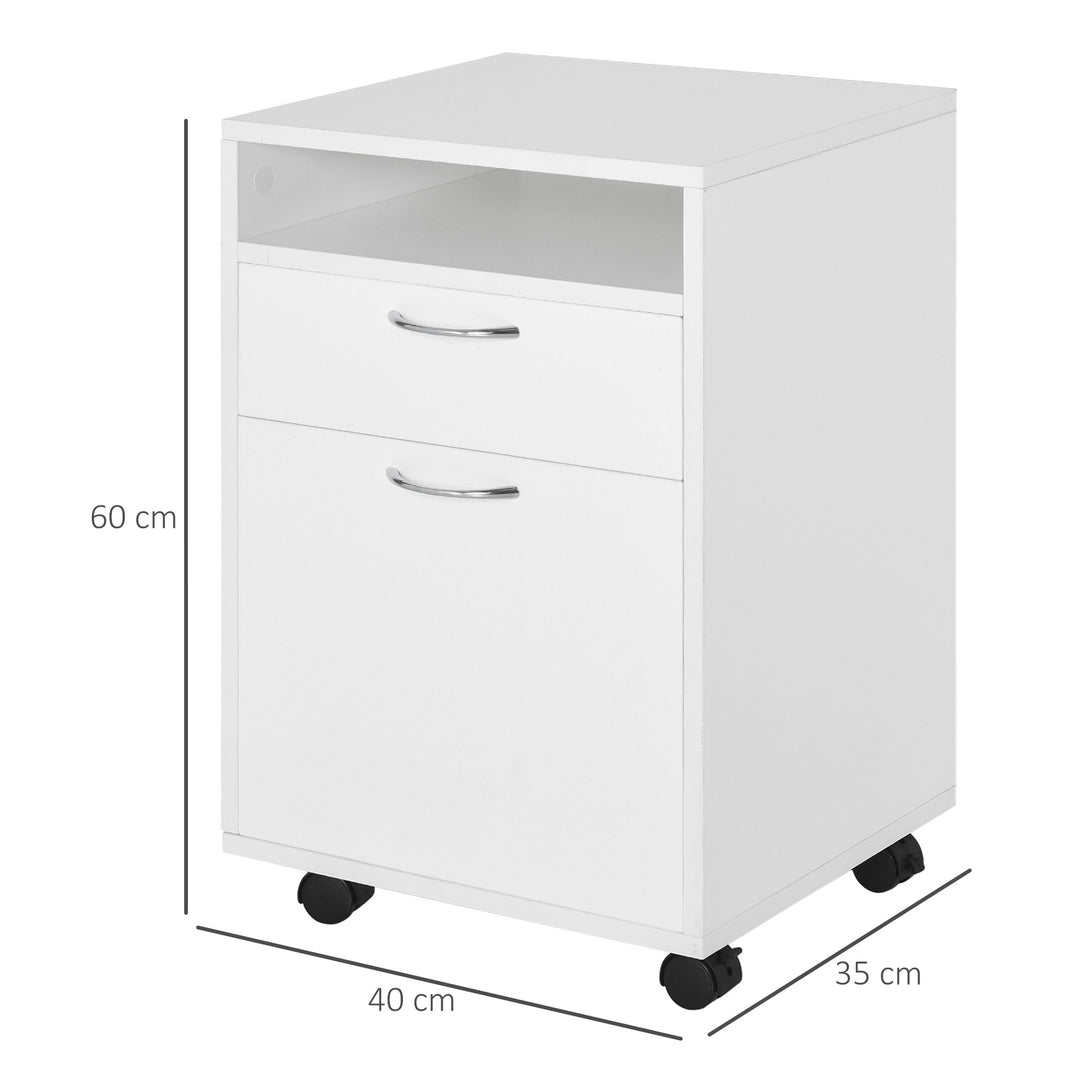 HOMCOM 60cm Storage Cabinet w/ Drawer Open Shelf Metal Handles 4 Wheels Office Home Organiser Mobile Printer White