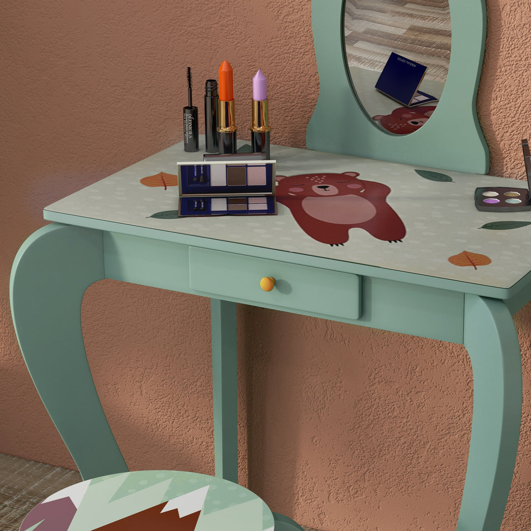 Kids Dressing Table with Mirror, Stool and Drawer-Green
