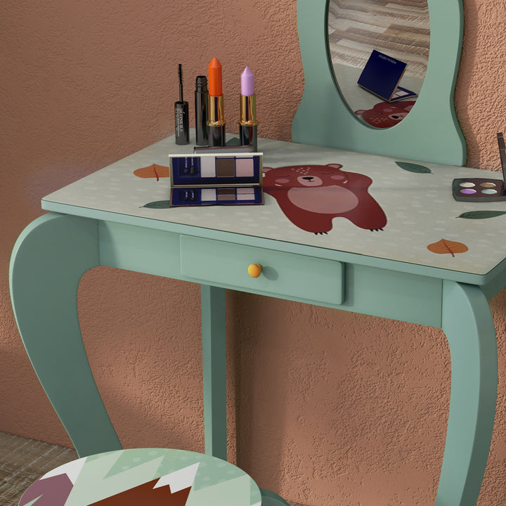 Kids Dressing Table with Mirror and Stool, Girls Vanity Table Makeup Desk with Drawer for 3-6 Years - Green