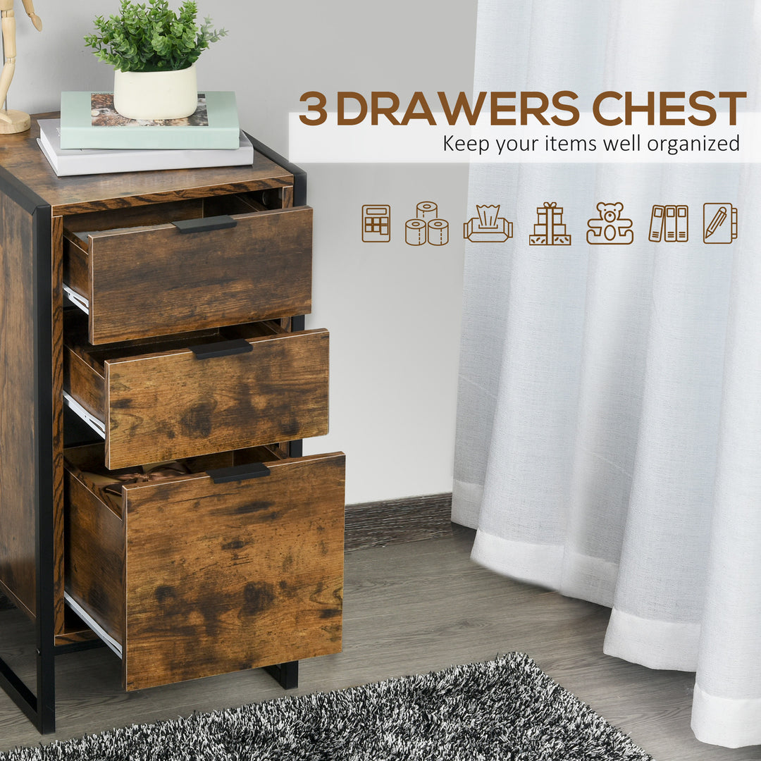 Industrial 3-Drawer Cabinet Nightstand Metal Frame Freestanding Unit, Perfect for Bedroom Living Room, Brown