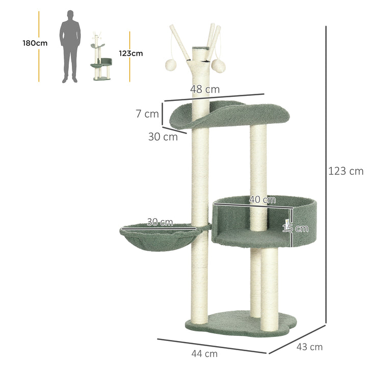 Cat Tree, Climbing Kitten Cat Tower Activity Center for Indoor Cats with Sisal Scratching Post, Hammock, Kitten Bed, Hanging Ball Toy, Green
