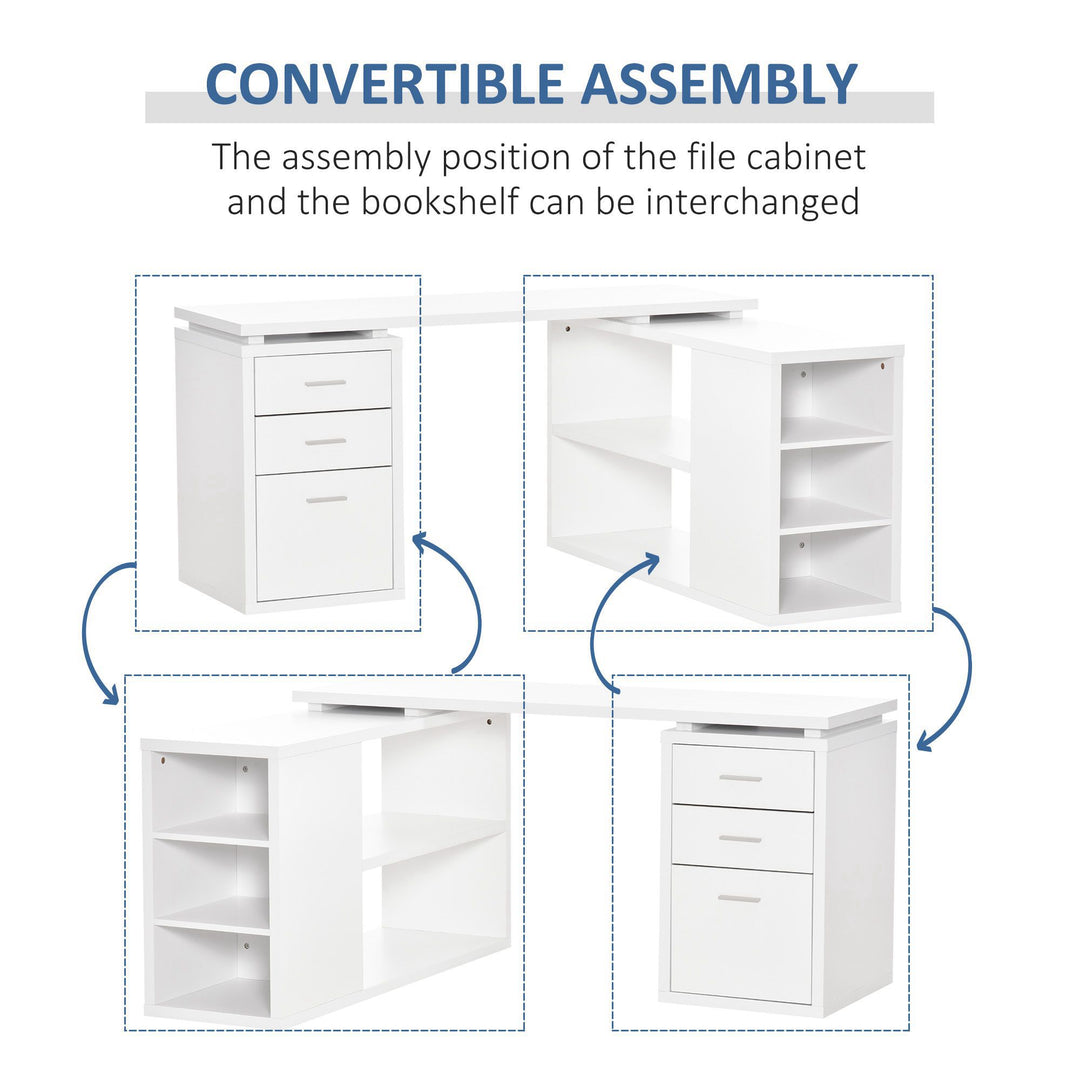 L-Shaped Computer Desk Home Office Corner Desk Study Workstation Table with Storage Shelves and Drawers, White