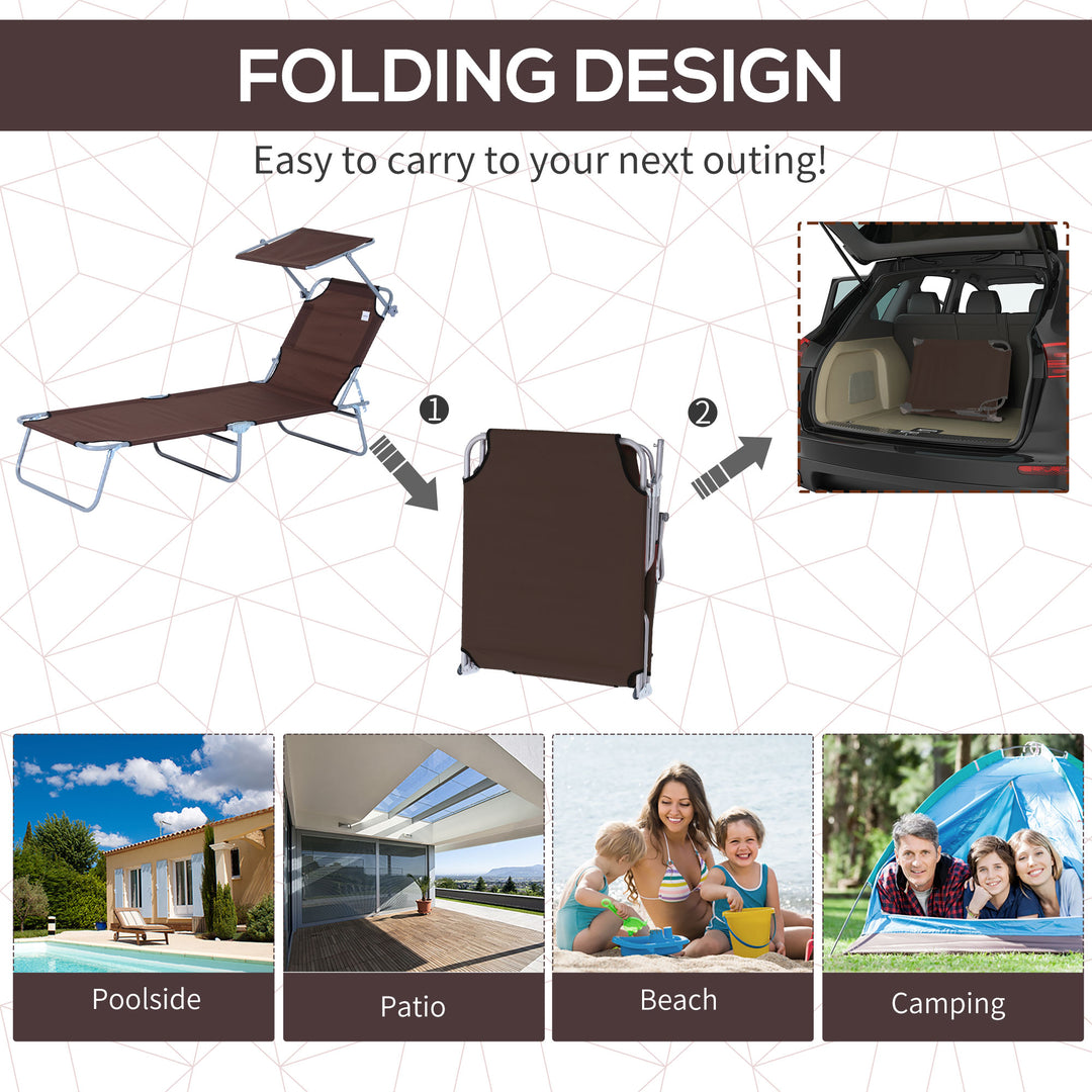 2 Pieces Outdoor Foldable Sun Lounger Set with Removeable Shade Canopy, Patio Recliner Sun Lounger with Adjustable Backrest with Mesh Fabric, Brown