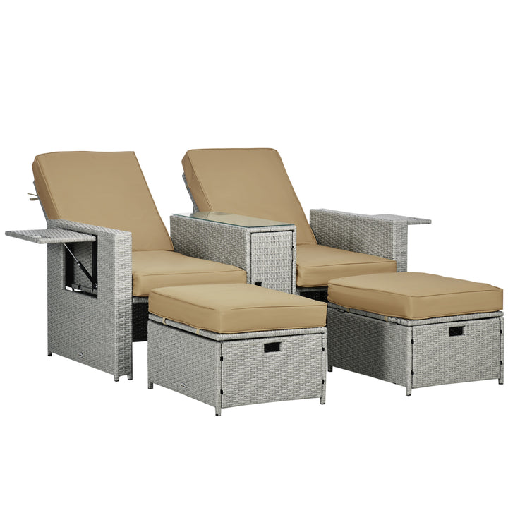 5PC PE Rattan Sun Lounger, Outdoor Wicker 5-level Adjustable Recliner Sofa Bed with Storage Side Table Footstools, for Patio, Garden, Beige