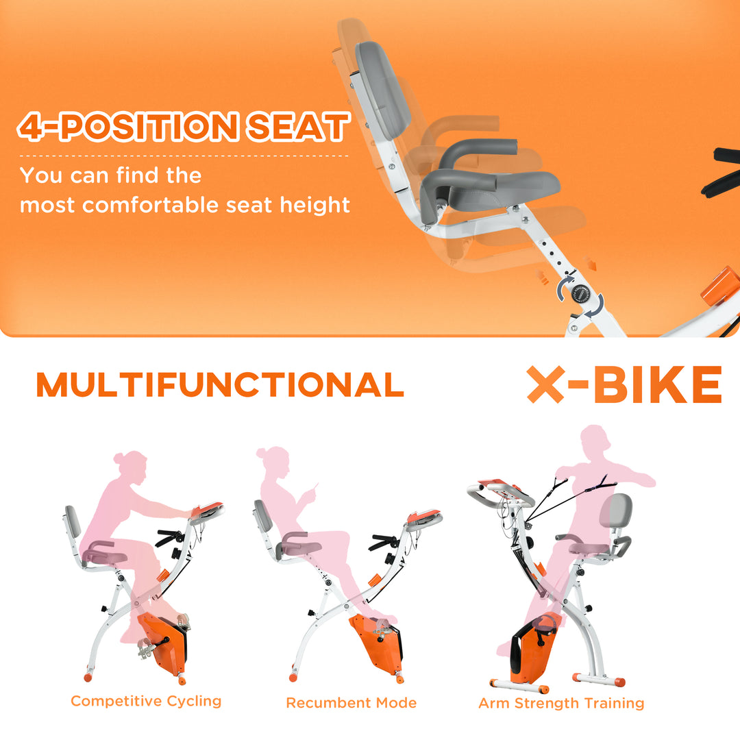 HOMCOM 2-in-1 Upright  Exercise Bike Stationary Foldable Magnetic Recumbent Cycling with Arm Resistance Bands Orange