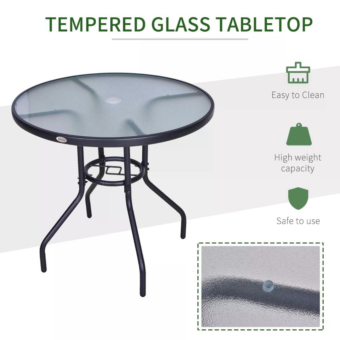 Outdoor Round Dining Table Tempered Glass Top Steel Garden Table w/ Parasol Hole 80cm