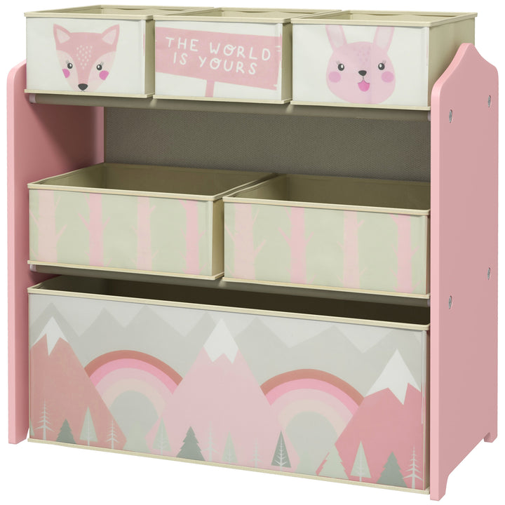 Kids Storage Units with 6 Fabric Bins, Childrens Toy Storage Organiser for Bedroom - Pink