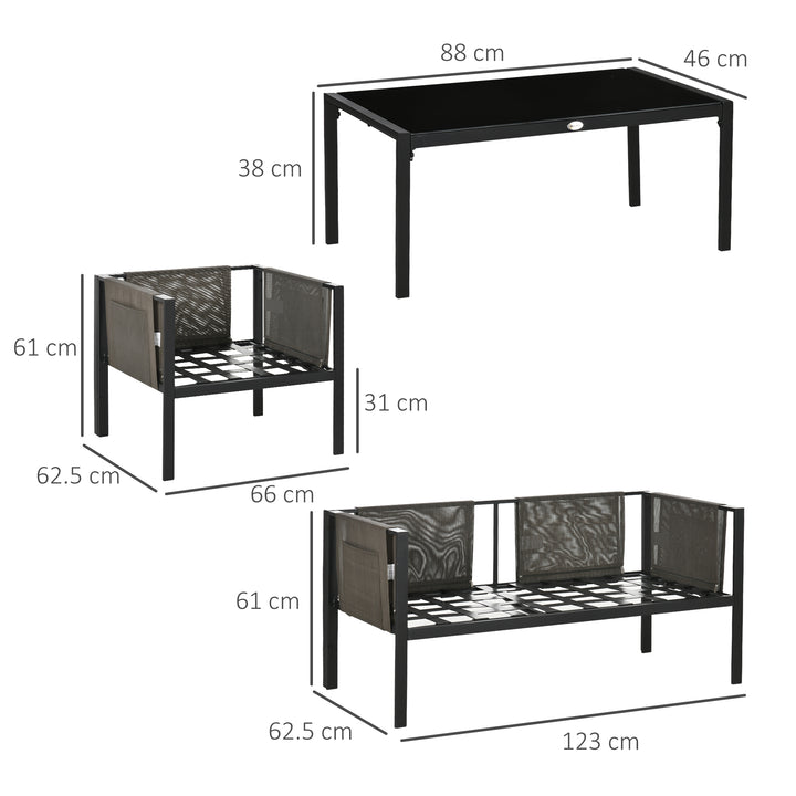 4 Piece Metal Garden Furniture Set with Tempered Glass Coffee Table, Patio Set Loveseat, Single Armchairs with Padded Cushions, Light Grey