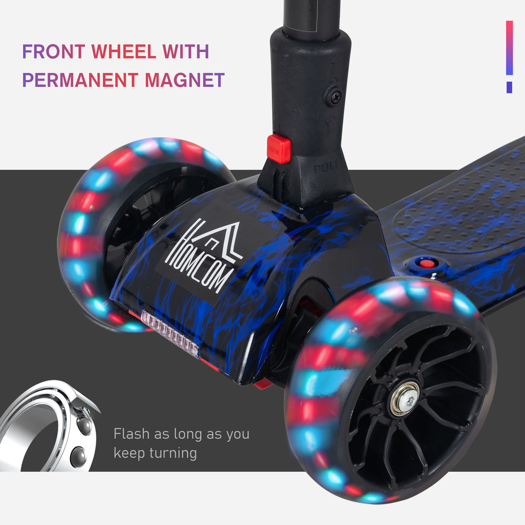 Kids 3 Wheel Kick Scooter Adjustable Height w/ Flashing Wheels Music Water Spray Foldable Design Cool On Off Road Vehicle Blue