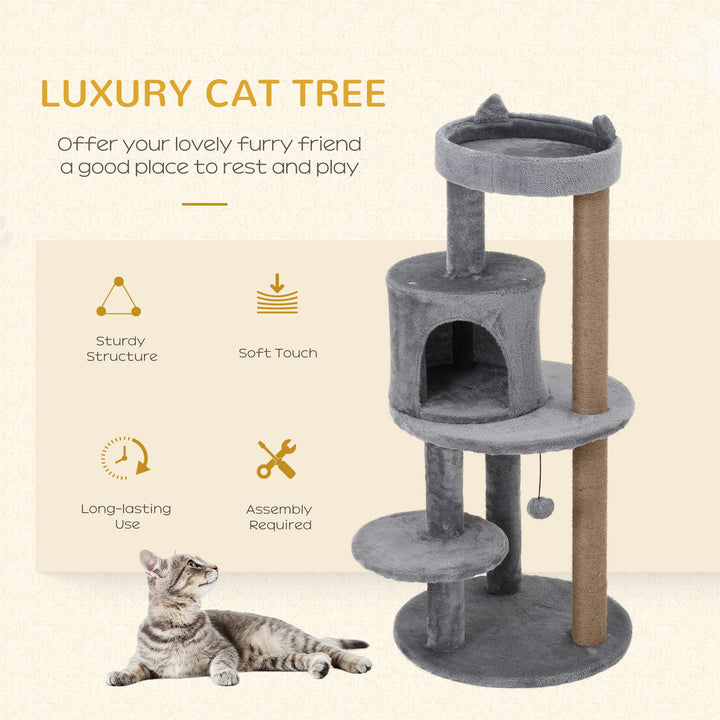3-Tier Deluxe Cat Activity Tree w/ Scratching Posts Ear Perch House Platform Play Ball Plush Fun Toys Exercise Rest Relax Climb Grey