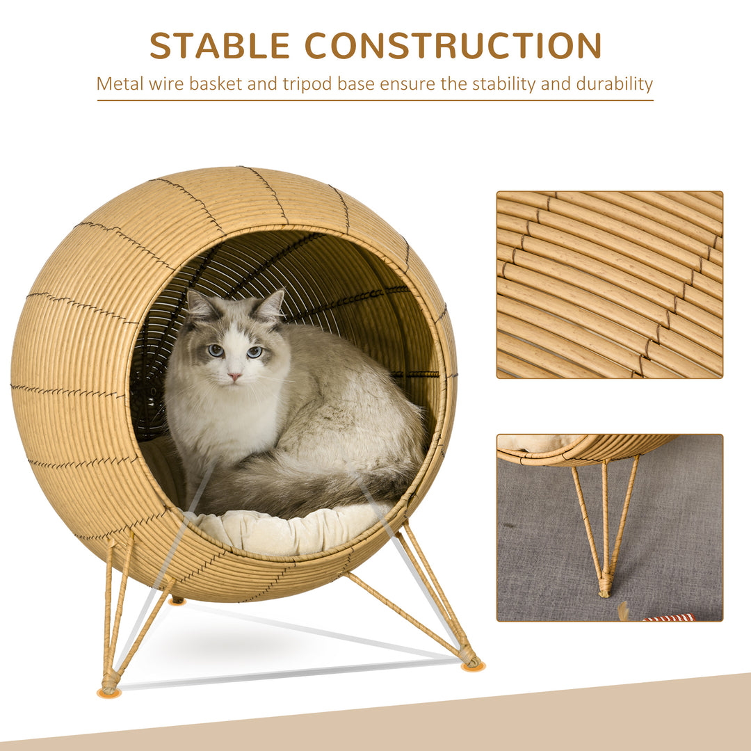Wicker Cat Bed Elevated Rattan Kitten Basket Pet Den. House Cozy Cave with Soft Cushion Φ52 x 58cm Light Brown