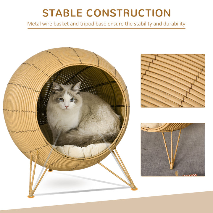Wicker Cat Bed Elevated Rattan Kitten Basket Pet Den. House Cozy Cave with Soft Cushion Φ52 x 58cm Light Brown