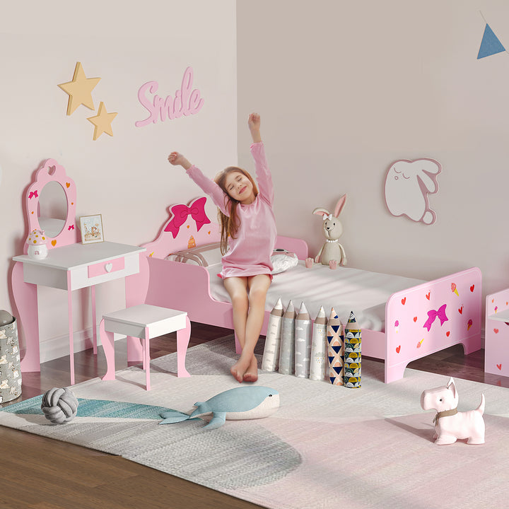3PCs Kids Bedroom Furniture Set with Bed, Dressing Table and Stool, Princess Themed, for 3-6 Years Old, Pink