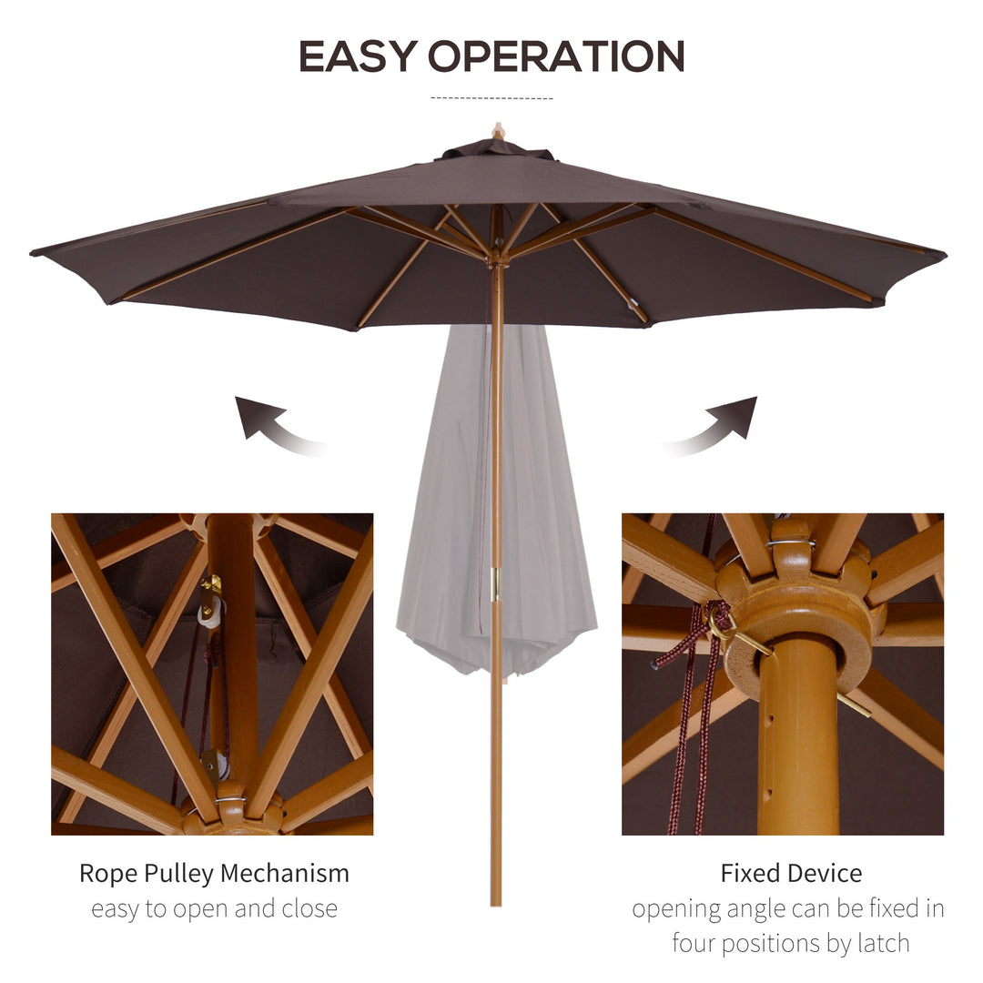 Outsunny ⌀3m Bamboo Wooden Market Patio Umbrella Garden Parasol Outdoor Sunshade Canopy, 8-ribs,Coffee