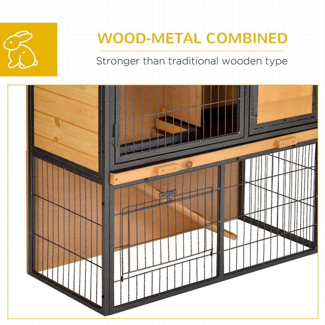 PawHut Wood-metal Rabbit Hutch Elevated Pet House Bunny Cage with Slide-Out Tray Asphalt Openable Roof Lockable Door Outdoor