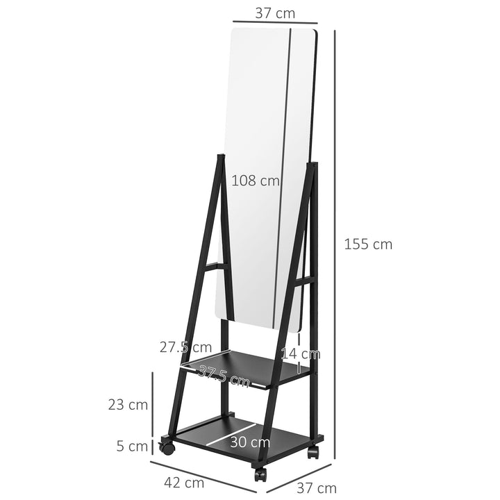 Free Standing Dressing Mirror, Rolling Full Length Mirror on Wheels with Adjustable Angle, Storage Shelves for Bedroom