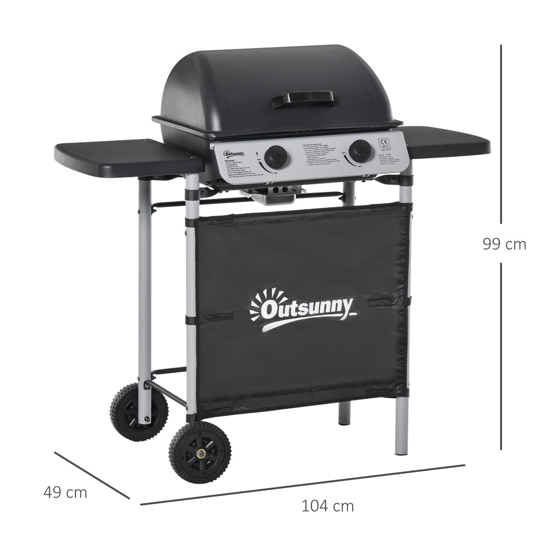 2 Burner Gas Barbecue Grill Propane Gas Cooking BBQ Grill 5.6 kW with Side Shelves Wheels