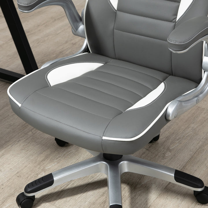 HOMCOM Racing Gaming Chair, PU Leather Computer Desk Chair, Height Adjustable Swivel Chair With Tilt Function and Flip Up Armrests, Grey