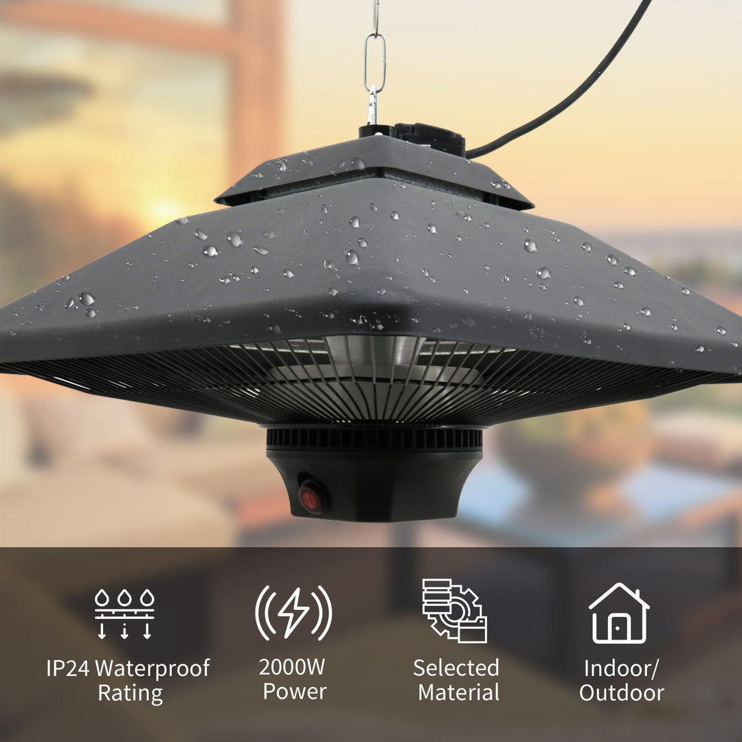 2kw Outdoor Hanging Ceiling Mounted Aluminium Halogen Electric Heater LED Garden Patio Warmer w/Remote Control