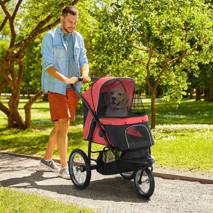 Pet Stroller Jogger for Medium, Small Dogs, Foldable Cat Pram Dog Pushchair w/ Adjustable Canopy, 3 Big Wheels - Red