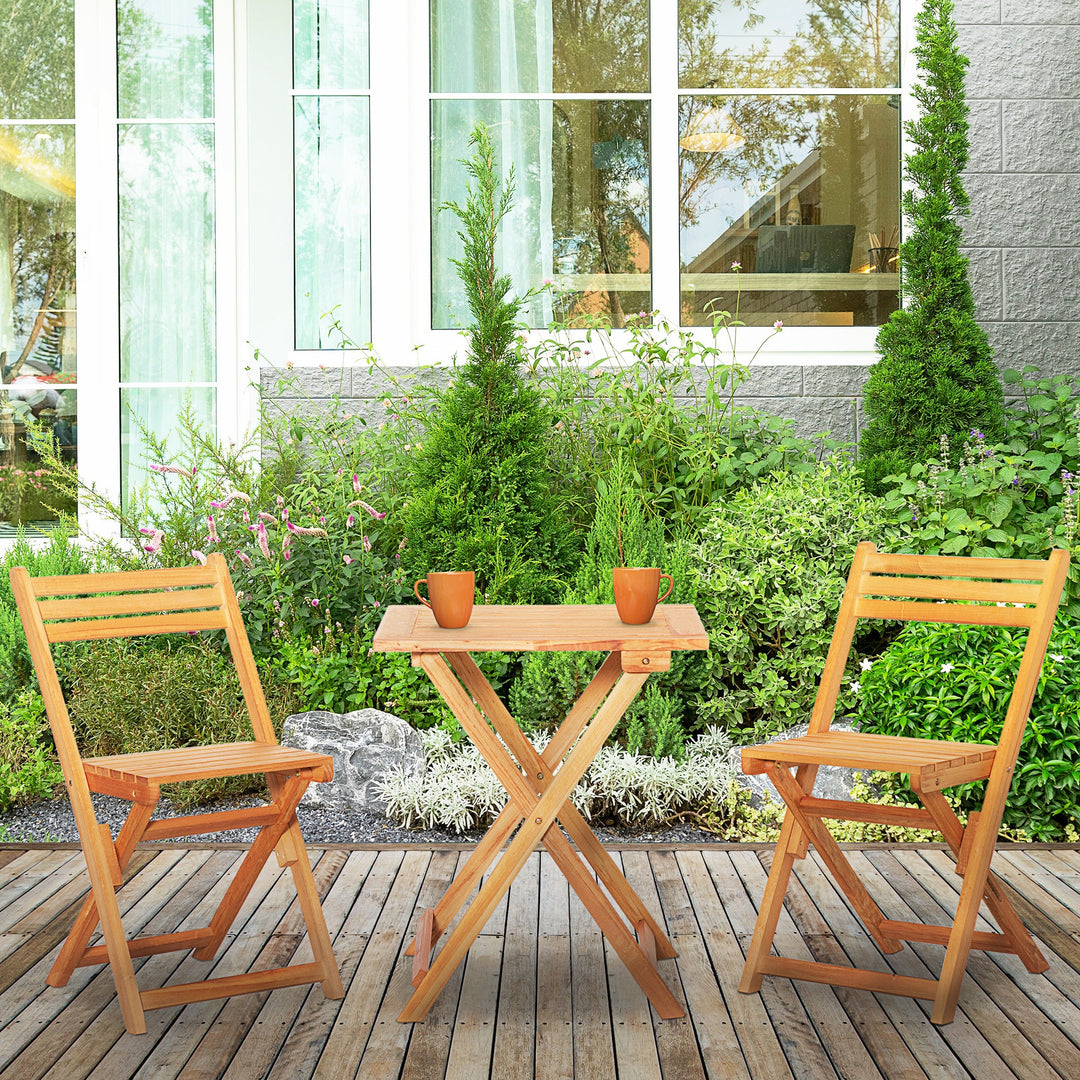 Outsunny 3 Piece Garden Bistro Set, Folding Outdoor Chairs and Table Set, Wooden Patio Dining Furniture for Poolside, Balcony, Teak