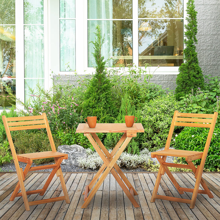 Outsunny 3 Piece Garden Bistro Set, Folding Outdoor Chairs and Table Set, Wooden Patio Dining Furniture for Poolside, Balcony, Teak